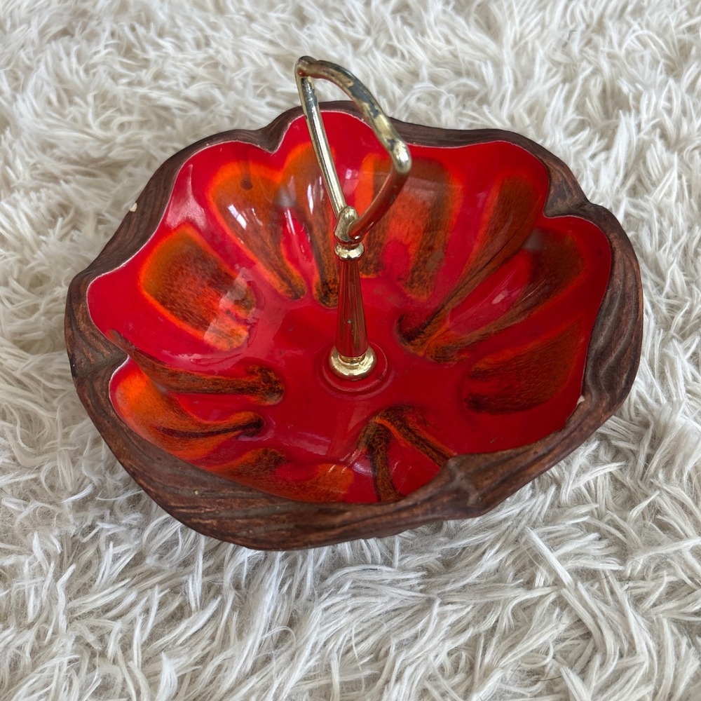Vintage Ceramic Candy Dish Red Orange Glaze Wood Look Handle‎ Nut Bowl 7 1/2 USA